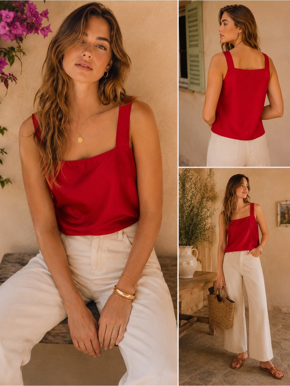 Silk Square Neck Tank Top Vintage Red 1X
